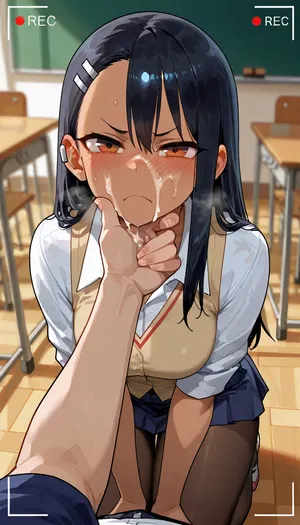 Recording, clenched tech, Hayase nagatoro, Look a viewer, frown, face covered cum, cum on face, facial cum, angry expression, kneeling, classroom, pantyhose, Model, fully clothed, the viewer grabbing she face, male grabbing her chin