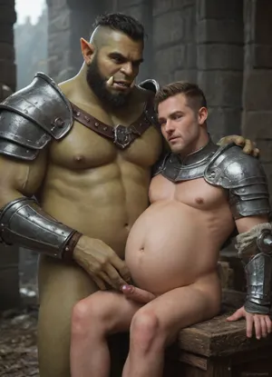 Dominant Pregnant human male king. Submissive orcish male knight. King being attended to by orc knight. King, Orc and king. Two men total. King wears robes. Knight in armor. Knight has green skin and tusks. King is human. King wears crown. Royalty and knight. Pregnant man. Mpreg. Fantasy. Orc's head resting on human's stomach. Orc is knight. King is human. Pregnant royal man. Gay romance. Orcish Knight is fully dressed. Fully armored orc. Orc is wearing a breastplate and chain. Submissive orc knight. Dominant human king. Dominant pregnant man. Courtly love. Interspecies relationship. Human is pregnant, not the orc. King has a penis