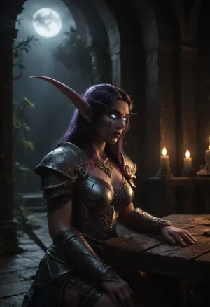 (Night elf woman, world of warcraft:1.3), dark clouds, forest floor, sitting, temple ruins, ruined temple setting, ivy hanging from walls, (fantasy sword standing aside), (ornate sword), ridged armor, oversized sword, ruined wood table, upper body, ruined pottery, purplehair, glowing blue eyes, heavily armored, heavy platemail armor, fantasy armor, jeweled armor, silver elven belt, ornate jeweled circlet, pale blue skin, <lora:dark:1>, <lora:darkfantasystyle:.8>, NEGATIVE_HANDS, cinematic, style, <lora:SDXL-World-of-Warcraft-cinematic-style-Lora-r32-000005:.8>, brazier, warm glow, glowing embers