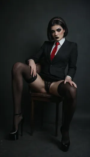 Sitted, open legs, (30 years old, green eyes, bob cut black hair, pale skin, light skin, skin pores, tonic legs, muscle long legs), ((slut makeup, eyeliner, eyeshadow, dark glossy lipstick, blush)), ((red necktie)), ((black suit, white shirt, pleated skirt, lace blace thong)), ((stockings, garter, hairband)), (platform highels heels), ((office)), <lora:add-detail-xl:.8>, <lora:detailed_notrigger:.8>, <lora:dark:.8>