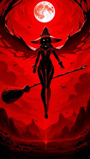 1girl, mysterious witch flying on a broomstick across the night sky, full moon shining brightly in the background, mystical atmosphere, detailed silhouette against the glowing moonlight, cinematic composition, high detail, dramatic lighting, fantasy art, 4k witch, flies against the moon on a broom, sexy outfit, witch hat, bare chest, winks with an eye, fly, action, bats