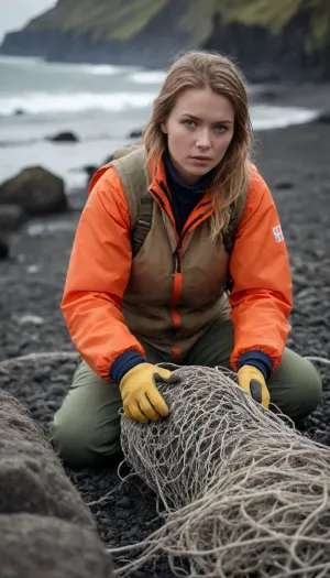 A 28-year-old Icelandic woman, dressed in a Helly Hansen fishing suit, wool vest, and gloves, hand-repairs a tangled fishing net on the coast of Reynisfjara in southern Iceland. The scene is illuminated with soft, diffused natural light, highlighting the textures of the fishing net, clothing, and surrounding environment. She demonstrates her precision and skill working on the net by the sea, surrounded by natural elements such as rocks, waves, and seaweed. High-quality, precise images capture her as she repairs the net, paying close attention to the accuracy and sharpness of the details. Ultra-realistic 8K resolution.