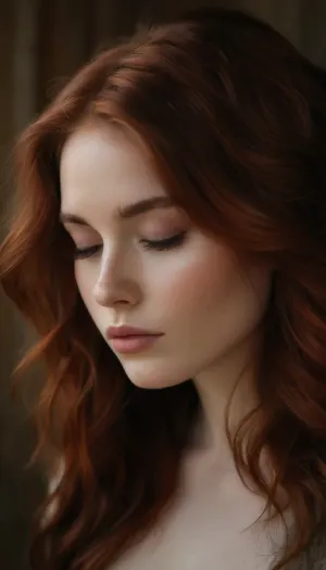 ziprealism, (sensual upper body portrait, intimate nude study, inn profile, young woman, pale skin, subtle freckles), , (stylish vibrant auburn hair with dark roots, hair styled in textured layers, coppery highlights, voluminous hair, long delicate eyelashes:1.4), , (serene and peaceful expression, raised face, dreamy esthetic, ethereal quality:1.6), , (large expressive eyes, soft features, full lips, lips parted, soft pink lips:1.2), , (large natural breasts, soft breasts, pale breasts, large areolas), , (cinematic lighting, color grading, dappled light, shadowplay, rule of thirds, three quarters view:1.4), , Stable-Yogis-Makeup-Enhancer-XL, ponychar3-RBSYPV3, <lora:ponychar3-0-RBSYPV3:.8>