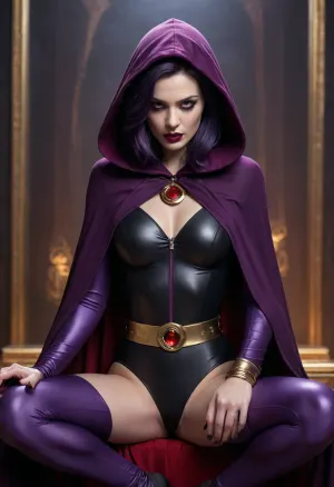 Female superhero, pale gray skin, medium/short dark purple hair, purple lipstick, dark purple hooded billowing cloak over a form-fitting black leotard, loose gold belt with a red gem, purple gloves, closed eyes, meditating, sitting in a relaxed pose, one leg crossed over the other, goth vibes, slightly floating, toned, hourglass figure