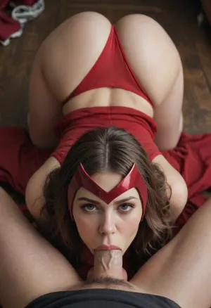 Scarlet witch from marvel. Wearing her original clothes. Pov. Face down ass up. Blowjob. Deepthroat. Red thong. Wearing a crown.