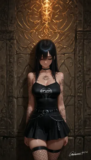 slim body, cute face, super slim waist, (geeky), (gloomy), black hair, goth, emo, ruined make-up, (big tits), fishnet thigh highs, black camisole, depressed, close-up, short sexy skirt, (tattoos:1.3), leaning on grafitti wall