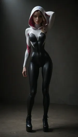 (((18 years old))), (((young))), (spider girl Gwen Stacy), Braided side Side Cornrows white Hair, (seductive shy face), (full body view:1.3), (clubfoot:1.3), ((tied high platform boot)), (seductive sexy pose:1.3), ((tight outfit)), (athletic body:1.5), (athletic abs and legs:1.1), (hip gap:1.3), wide hips, (narrow waist:1.6), (white hair), (view from front:1.6), standing into the office, (makeup), ((pussy cameltoe:1.4)), (wet oiled clothes), (makeup:1.4), (oiled skin:1.7), ((wet tight bodysuit:2)), hand, 1girl, (athletic ass), (high detailed face:1.5), dim lights, (hard nipples:1.3), (big perky boobs:1.1), (chiaroscuro lighting:.3), <lora:HandFineTuning_XL:1>, <lora:MGLRbodysuit_sdxl:.6>, <lora:uberfit_lora_sdxl:.4>, <lora:dark:.3>, <lora:M0llY_PARK3R-000001:.8>