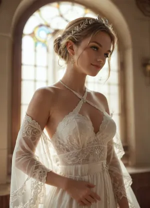 luxury woman 21 years old, smirk, slightly nodded her head, oblique forward angle, lace sash, white cross-halter crop top, lace sleeves, platinum detailed laurel crown, Nouveau, white curtain in the middle of background, sunset visible through the window, shadow, <lora:detailed_notrigger:.8>, <lora:add-detail-xl:.8>, <lora:M05_Intensify:.4>, <lora:attractive_notrigger:.8>