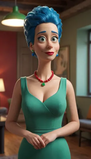"3D render of Marge Simpson, Pixar style, highly detailed character, tall blue hair, green dress, red necklace, smooth shading, professional studio lighting, family background, vibrant, 8k", (Renderização 3D da Marge Simpson, estilo Pixar, personagem altamente detalhado, cabelo azul alto, vestido verde, colar vermelho, sombreamento suave, iluminação de estúdio profissional, fundo familiar, vibrante, 8k)