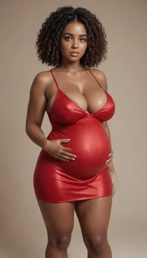 curvy tall pregnant african bbw, red satin bodycon mini dress, huge boobs, long curly red hair, <lora:milkers_v2:1.2>