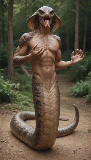 Snake man. Naga. Half snake half human. Attractive. Monster. Lamia. Male. Man. Indian. Scales. Snake fangs. Snake skin. Hybrid. Snake tail from the waist down. No legs. Full body. Scales on chest. Long tail. Arms. Dark skin. Solo male. Half snake. Clawed hands. Naga. Attractive monster. Seductive monster. Claws. Fangs. Monster. Snake tongue sticking out. Forked tongue. Serpent tongue. From india. Four arms. Extra arms. Mostly human face