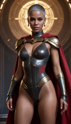 NSFW, Ikora Rey/Destiny
Game series featuring a mature Black woman, Queen "Ikora Rey, ", [[with her iconic short black pixie cut or shaved head]], dark and mysterious eyes, full breasts, warrior body, [[sexy black armor with a red Victorian cape]], "looking at the viewer" luxurious, stunning, flawless and sexy, [[charming, attractive, seductive, erotic, enchanting]], masterpiece by Bungie artists "gold earring accessories, ", [[Studio scene/black background]], [[detailed and rendered 3D concept art style]], [[standing and full-body shot she is pure sensuality in the background in space with stars, planets and spaceships. Dark setting]], <lora:X-wing - XL:2>