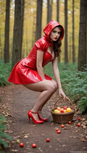 Little Red Riding Hood, dressed in a short latex dress and red high heels, kneels on all fours in the forest and is being fucked by one man, next to her lies a fruit basket