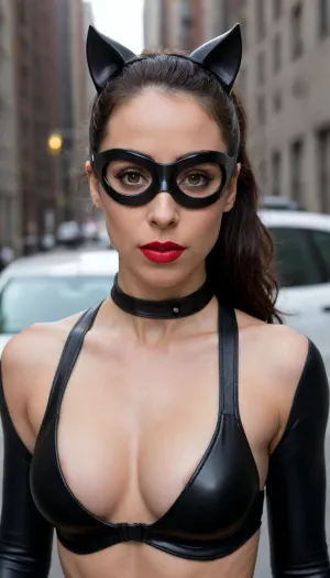 39 year old Selina Kyle known as The Cat from The Dark Knight Rises, (Oona Chaplin), (Olive Skin), freakles face, English-Spanish Citizenship, wearing her small car ears, her jet black hair in a ponytail, her jet black eyes brows, dark eyeliner, wearing her masked goggles, bright red lipstick, 34C chest, muscular body, six pack, cameltoe pussy, wearing skin tight black latex one-piece cat suit unzipped down the front, semi naked, black latex gloves, down to her feet, standing on the abandoned streets of Gotham City.