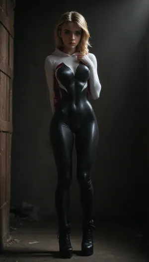 (((18 years old))), (((young))), (spider girl Gwen Stacy), Braided side Side Cornrows white Hair, (seductive shy face), (tied platform high shoes), (boots over her knees), (seductive sexy pose), ((tight outfit)), (athletic body:1.5), (athletic abs and legs:1.1), (hip gap:1.3), wide hips, (narrow waist:1.6), (white hair), (view from front:1.6), standing into the office, (makeup), ((pussy cameltoe:1.4)), (wet oiled clothes), (makeup:1.4), (oiled skin:1.7), (wet tight bodysuit:1.8), hand, 1girl, (athletic ass), (high detailed face:1.5), dim lights, (hard nipples:1.3), (big perky boobs:1), (chiaroscuro lighting:.3), <lora:HandFineTuning_XL:1>, <lora:MGLRbodysuit_sdxl:.6>, <lora:uberfit_lora_sdxl:.4>, <lora:dark:.3>, <lora:M0llY_PARK3R-000001:.8>