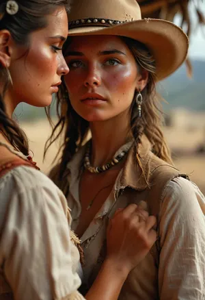 Photorealistic Wild West scene, intimate but calm moment between two women, medium close-up including upper bodies, cinematic natural lighting, shallow depth of field. A blonde, sun-kissed revolver heroine and an Indigenous American woman face each other in quiet connection. The Indigenous woman paints traditional war paint onto the heroine’s face using only her fingertips, no brushes, no tools, only her hands and small bowls of vivid natural pigments placed nearby. Her fingertips are richly stained with red, white, and ochre paint, wet texture, visible smears and fingertip strokes as she gently drags color across her friend’s skin. The revolver heroine has light skin, sun-tanned, subtle freckles, eyes softly closed, trusting and peaceful expression. She wears a weathered cowboy hat, a loosely tied neckerchief, a rough linen shirt with a few buttons open, and a worn vest, classic frontier clothing with realistic fabric texture. Her posture is relaxed and open. Opposite her stands the Indigenous woman with dark, rich skin tones, calm focused gaze. She wears a traditional headdress made of natural beads of varying sizes, real pearls, feathers, and a necklace crafted from bone beads, shells, and natural materials. Every element feels handcrafted and authentic. The background is softly blurred, revealing tipis and the quiet life of a Native American village. Warm earth tones, gentle wind, dust in the air. The entire image radiates stillness, respect, and cultural contrast. Ultra-high resolution, photorealism, realistic skin pores, flawless hands and fingers, natural color grading, no modern elements, Ensure no flaws in the hands and fingers, and create a scene full of authenticity and connection, (maximum detail), (super realistic photo:1.4), cloudy, smoke, atmospheric, clouds, fog, <lora:MJ52:.6>, <lora:Super_Eye_Detailer_By_Stable_Yogi_SDPD0:.3>, <lora:BUT_SDXL_SHS:.3>, <lora:Sweaty_Realism_4-000006:.8>, <lora:Cloudy_Style:.8>