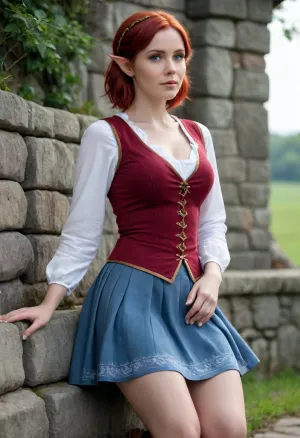Elf woman, pointed elf ears, deep red hair in a bob cut, fair complexion, brown vest over a white long-sleeve shirt, long blue skirt with decorative gray flame-like patterns near the hem, sitting on a stone wall, gentle/confident expression, massive breasts, massive hips, cottage in the background, fantasy setting