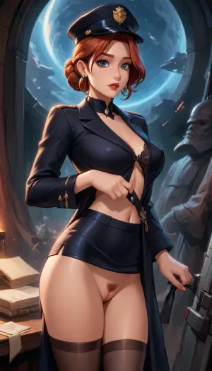 Reiq style, 45 years old milf lady, Very attractive, short slicked hairstyle, (black uniform imperial officer from star wars, with hat), hard nipples under uniform, short skirt, nude genitals, visible pussy with pubic hair, dark spaceship background, <lora:add-detail-xl:2>, <lora:princess_xl_v2:.8>, <lora:DetailedEyes_V3:2>, <lora:Animated_Concept:.9>