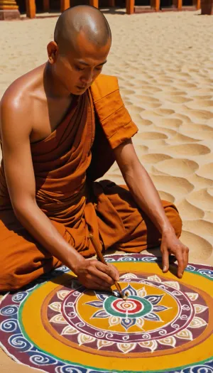 Buddhist monk drawing a mandala on sand, in Buddhist monastery, Buddhist ceremony, wisdom expression, mystic ambiance
