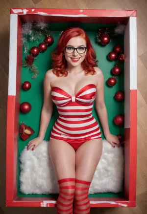 This image captures a festive, holiday-themed portrait of a woman sitting inside a large green gift box. The shot is taken from a high-angle, "bird's-eye" perspective, looking directly down at her.

Subject Details
Appearance, The woman has vibrant, bright red hair adorned with a large white satin bow. She is wearing red-rimmed glasses and has a wide, cheerful smile directed up at the camera.

Outfit, She is dressed in a candy-cane style red and white horizontally striped mini dress. Her look is completed with red fishnet stockings and shiny, knee-high red patent leather boots.

Setting and Atmosphere
The Box, She is centered inside a deep green gift box, which serves as the frame for the photo.

Decorations, The interior of the box is filled with crumpled red and white tissue paper and scattered gold confetti or glitter.

Lighting, Warm, glowing fairy lights are visible in the corners of the frame, creating a soft, celebratory bokeh effect.

Composition
The image uses a bold, primary color palette—primarily red, white, and green—to create a classic Christmas aesthetic. The high-angle framing makes the subject appear as if she is a "gift" being discovered inside the box., large, breasts, big, boobs, huge, tits, <lora:bombshell_v2:.8>