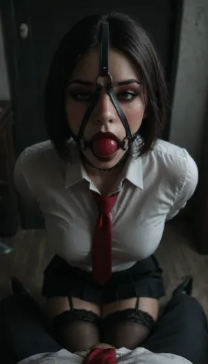 pov, (30 years old, green eyes, bob cut black hair, orgasm, pale skin, light skin, skin pores, tonic legs, muscle long legs), ((slut makeup, eyeliner, eyeshadow, dark glossy lipstick, blush)), ((red necktie)), ((black suit, white shirt, pleated skirt, lace blace thong)), ((stockings, garter, hairband)), (platform highels heels), ((slave collar)), ((face harness gagged mouth:1.5)), ((hands cuffed behind back)), ((office)), harnessgag, <lora:add-detail-xl:.8>, <lora:detailed_notrigger:.8>, <lora:dark:.6>, <lora:harnessgag_xl-000003:1.2>