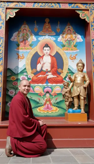 tibetan mandala, plenty of colours, monk kneeling, tibetan deity standing near it, tibetan monastery background, hypnotic