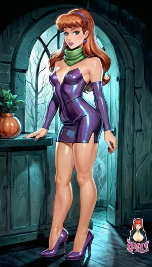 (Daphne from Scooby Doo:1.2), adult woman, 22 years, (sexy pose), (horny expression), (small breasts), (purple long-sleeve mini dress), fitted silhouette, (green scarf tied around the neck), purple low-heeled shoes, elegant retro fashion style, (classic Daphne Blake outfit), -----------------------------------------------, spooky house, (reiq style), <lora:cartoon_stickers_xl_v1:2>, <lora:ratatatat74-000050:2>, <lora:detailed_notrigger:2>