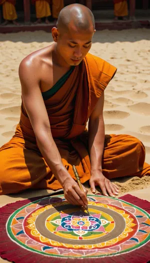 Buddhist monk drawing a mandala on sand, in Buddhist monastery, Buddhist ceremony, wisdom expression, mystic ambiance