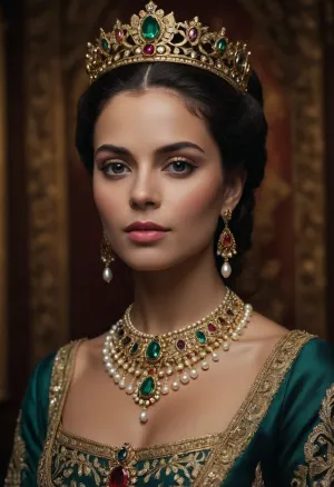 Create a highly detailed, realistic portrait of a regal woman inspired by the Queen of Saba. Focus on her upper body to showcase the opulent jewelry and clothing. Include large, natural pearls and precious gemstones like rubies, sapphires, and emeralds, intricately set in gold. Highlight the fine craftsmanship of the metalwork, with delicate engravings and filigree patterns. Pay close attention to the texture of the fabric, showing rich, luxurious materials, and ensure the gemstones sparkle with realistic light reflections. The overall composition should convey a sense of grandeur and cultural richness