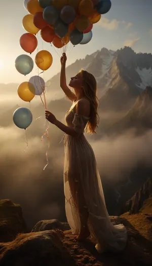 Create a dreamy, highly detailed backside view of a 22-year-old, slim woman with perfect hands and fingers, floating high in the sky, while hanging under numerous small, gas-filled balloons, each tied with delicate ribbons. She floats above a majestic, misty mountain landscape, such as the Alps, with her serene face as the focal point. Her long, blonde hair is blown gracefully by the wind, and she wears a flowing summer dress that billows dramatically, revealing her slender legs. The majestic mountains below her are shrouded in rising mist, adding a mystical atmosphere and making her the clear focal point. The balloons and gentle wind enhance the whimsical, magical feel of the scene., high realism, photorealistic rendering, cinematic depth, perfect natural lighting, The entire scene balances the richness of gold with the soft, atmospheric haze, cloudy, smoke, atmospheric, zavy-rmlght, <lora:Cloudy_Style:.1>, <lora:MJ52:.1>, <lora:RsmJemma1XL:.8>, <lora:zavy-rmlght-sdxl:.8>
