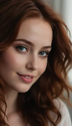 ziprealism, (sensual portrait, intimate artistic study, shot in profile, young woman, pale skin, subtle freckles), (stylish vibrant auburn hair with dark roots, hair styled in textured layers, coppery highlights, voluminous hair, thick gorgeous hair, long delicate eyelashes:1.4), (loving expression, adoring eye contact, soft bashful smile, dreamy esthetic, ethereal quality:1.8), (large expressive eyes, stunning eyes, limbal rings, soft facial features, full lips, soft pink lips:1.2), (cinematic lighting, color grading, dappled light, shadowplay, short focal length, layered composition:1.4), Stable-Yogis-Makeup-Enhancer-XL