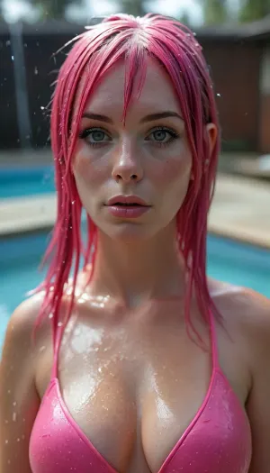 Too real, top sexual, High Energy women, (Best possible sexy picture), ultra shiny colorfull, (((wearing wet leohex swimsuit:2.2))), real Cellphone Photo, snapshot, Portrait, surprise Photo, (kinda Chubby, curvy and gorgeous 38 year old Euro mother, Amateur, sexy small breasts, Swimmingpool, swimming, curvy figure, realistic bath, angry eyes, narrow face, pale skin, freckles, shiny jet pink hair, Emo colored Hair, straight Side Emo bangs, one high pigtail:1.8), (clothed, fully wet, real water, drops, tight suit:2), fresh eyes, flirtatious, (((very close view from above))), (((beneath viewer))), (((up close and personal view from high angle))), natural light, warm soft light, late night, perky breasts, (half in pool), onlookers, realistic detailed face, realistic detailed hair, realistic detailed body, (((ultimate realism:1.2))), realistic detailed skin, detailed very large round breasts, ((sensual showering)), High, Resolution, More, Details, 8K, but, clothes, pale, <lora:MJ52:2>, <lora:add-detail-xl:2>, <lora:BUT_SDXL_SHS:.3>, <lora:Pale_Skin_SDXL_v1.0:.6>