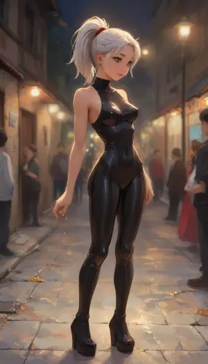 (skinny legs), ((medium breasts)), ((white ponytail hair:1.4)), ((extremely happy look in her eyes)), ((dim lights)), ((black latex bodysuit)), (black high-heels high platform boots), ((ruined make-up:1.3)), (athletic ass), 18yo girl, wide hips, high gap, big thigh gap, wide thigh gap, (athletic body), (narrow waist:1.4), ((hip gap)), happy, (oiled skin:1.4), erected nipples, wet clothes, score_9, score_8_up, score_7_up, score_6_up, (j_cartoon:1.4), Drawing, <lora:samdoesarts1.1-000030:.3>, <lora:J_cartoon:.4>, <lora:Animated_Concept:.3>