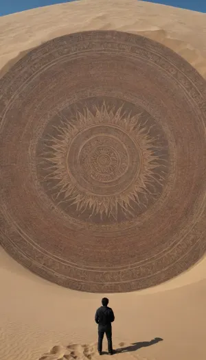A tibetan Artist, (scratches), a monster, giant mandala, (as big as a skyscraper:1.6), in a big Dune of a sand desert, detailxl, <lora:Adjust_SDXL_v3.0:1.2>