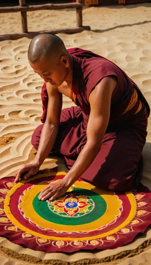 Buddhist monk drawing a mandala on sand, in Buddhist monastery, Buddhist ceremony, wisdom expression, mystic ambiance