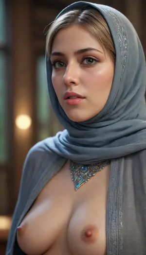 masterpiece, ultra-HD, cinematic lighting, photorealistic, impressionism, (1.5), high detail, depth of field, (blurred background), (dramatic lighting), best quality, very aesthetic, 8k, soft reflections, amazing composition, nia, (xenoblade), small breasts, petite, tiny breasts, facial, hetero, 1girl, (ultra HD quality details), wearing a-hijab, fashionable-hijab, hijab-burqa, grabbing, grabbing another's breast, nipples, 1boy, collar, head_out of frame, parted_lips, slight blur