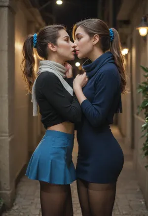 beautiful, gorgeous, 25_year_old, French woman, (Beautiful_French_woman), kissing her girlfriend passionately, 2girls, (French_kiss), (girlfriend is wearing a casual beige microdress), (girlfriend with bobcat hair), in the evening, dimmed_lighting, after_sunset, reflective_skin, (wearing a dark blue long-sleeve shirt, scarf, skirt, pantyhose), medium_height, long_hair, dark_hair, blue_scrunchie, ponytail, blue_eyes, perfect_figure, small_nose, thin_lips, jewelry, flower