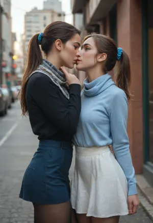 beautiful, gorgeous, 25_year_old, French woman, (Beautiful_French_woman), kissing her girlfriend's neck passionately, 2girls, (kissing_neck), (girlfriend is wearing a casual beige microdress), (girlfriend with bobcat hair), in the evening, dimmed_lighting, after_sunset, reflective_skin, (wearing a dark blue long-sleeve shirt, scarf, skirt, pantyhose), medium_height, long_hair, dark_hair, blue_scrunchie, ponytail, blue_eyes, perfect_figure, small_nose, thin_lips, jewelry, flower