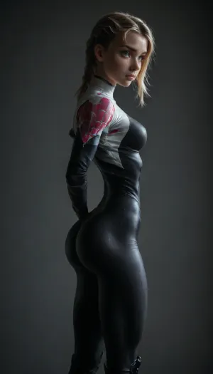 (((18 years old))), (((young))), (shy and embarrassed:1.4), (spider girl Gwen Stacy), Braided side shaved Hair, (tight outfit), (athletic body:1.3), (black high platform boots), (full body view from side), (skinny:1.2), (wide hips:1.3), (narrow waist:1.4), (blonde with pink strands), (clubfoot), (view from side:1.6), (makeup), ((pussy cameltoe:1.2)), wet, (shining wet clothes), (makeup:1.2), (oiled skin:1.5), (wet shining tight bodysuit:2), hand, 1girl, ((athletic ass:3)), (big natural breast:1.5), (high detailed face:1.5), dim lights, (chiaroscuro lighting:.3), <lora:HandFineTuning_XL:1>, <lora:MGLRbodysuit_sdxl:.6>, <lora:uberfit_lora_sdxl:.4>, <lora:dark:.3>, <lora:attractive_notrigger:.8>