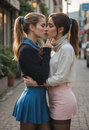 beautiful, gorgeous, 25_year_old, French woman, (Beautiful_French_woman), kissing her girlfriend's neck passionately, 2girls, (kissing_neck), (girlfriend is wearing a casual beige microdress), (girlfriend with bobcat hair), in the evening, dimmed_lighting, after_sunset, reflective_skin, (wearing a dark blue long-sleeve shirt, scarf, skirt, pantyhose), medium_height, long_hair, dark_hair, blue_scrunchie, ponytail, blue_eyes, perfect_figure, small_nose, thin_lips, jewelry, flower