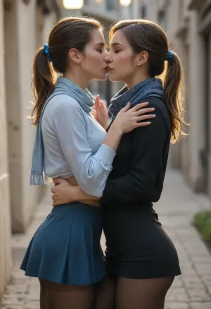 beautiful, gorgeous, 25_year_old, French woman, (Beautiful_French_woman), kissing her girlfriend passionately, 2girls, (French_kiss), (girlfriend is wearing a casual beige microdress), (girlfriend with bobcat hair), in the evening, dimmed_lighting, after_sunset, reflective_skin, (wearing a dark blue long-sleeve shirt, scarf, skirt, pantyhose), medium_height, long_hair, dark_hair, blue_scrunchie, ponytail, blue_eyes, perfect_figure, small_nose, thin_lips, jewelry, flower