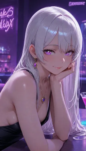 human, cocktail bar, mature, date, neon lights, dark ambient, blue ambient, purple ambient, sitting at table, smile, (sparkling eyes:1.2), smooth hair, glowing eye, (close-up:.8), beautiful tight black dress, slim body, gentle eyes, purple eyes, white hair, pretty heart necklace, earrings, hair bound up, long side bangs, (small chest size), (side view), innerboob, sideboob