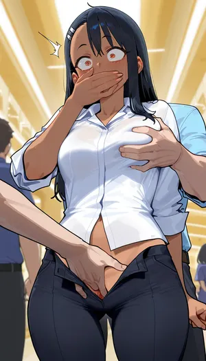 Shocked, hayase nagatoro, (groping her exposed pussy + fingering pussy), white collared shirt, Black pants, black hair male, she hand covered mouth, molestation, hand in pants, male hand in female pants, standing, mall background, (Comfyui with controlnet), Model