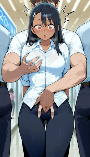 Shocked, hayase nagatoro, (groping her exposed pussy + fingering pussy), white collared shirt, Black pants, black hair male, hand in pants, male hand in female pants, standing, mall background, (Comfyui with controlnet), Model