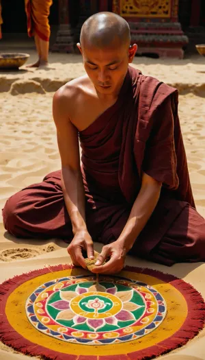 Buddhist monk drawing a mandala on sand, in Buddhist monastery, Buddhist ceremony, wisdom expression, mystic ambiance