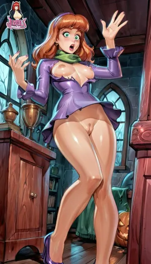 (From below), (Daphne from Scooby Doo:1.2), adult woman, 22 years, (dynamic pose), (surprised expression), (small breasts), (purple long-sleeve mini dress), fitted silhouette, (green scarf tied around the neck), purple low-heeled shoes, elegant retro fashion style, (ripped clothing), (perky nipples), (shaved pussy), -----------------------------------------------, spooky house, contrasty image, (reiq style), <lora:cartoon_stickers_xl_v1:2>, <lora:ratatatat74-000050:2>, <lora:detailed_notrigger:2>