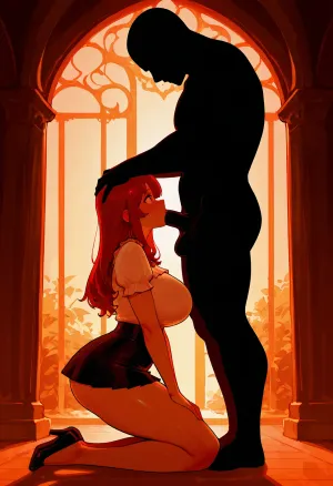 score_9, score_8_up, score_7_up, (black man looking down), muscular, interracial, (big brutal black.man:1.3), penis, standing up straight, (((profile view))), (girl kneeling), (girl looking up at male), zavy-slhtt, (((black silhouette))), monochrome, head grab, short skirt, blouse, large breasts, massive ass on female