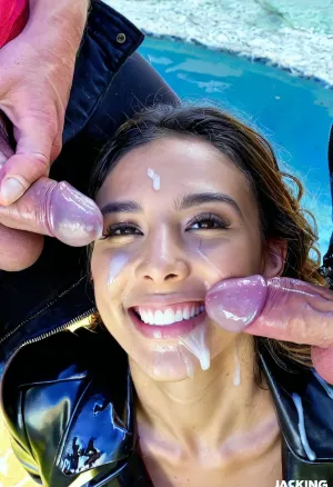 (very Cute happy Latina girl:1.4), long wavy brown hair, (skinny body:1.2), big tits, cleavage, (leather pants), leather jacket, hot girl, full lips, blue eyes, thick lips, blowbang bukkake, gangbang, (she presses big cock against her face), (((ejaculate cum on her face))), (((her cute face is covered in thick semen))), (thick goey sperm on her entire face:1.4), excessive sperm on forehead, excessive cum on nose, excessive cum on chin, thick dick, realistic photo, professional photography, sunny day, photography, ultra detailed