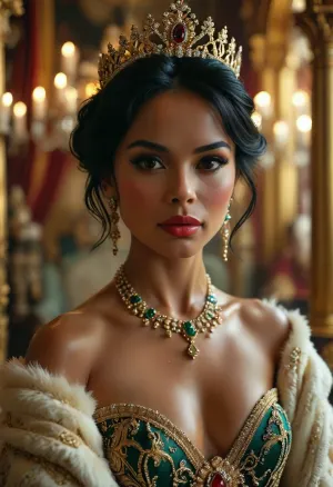 Create a highly detailed, realistic portrait of the Queen of Saba as she gracefully walks through her throne room. The Queen, depicted as a ebony skinned Thailand woman with black hair, exudes regal elegance and grandeur with slutty behavior. She is adorned in an opulent dress, richly embellished with diamonds, rubies, and emeralds. Her attire should reflect immense wealth and royal status, with intricate gold detailing and luxurious fabrics. The diamonds should sparkle brilliantly against her golden skin, highlighting her regal presence. The scene should capture the elegance, wealth, and cultural richness of the royal court, focusing solely on the Queen’s majestic appearance and the splendor of her garments, breasts, massive, (maximum detail), (super realistic photo:1.4), <lora:MJ52:.6>, <lora:Super_Eye_Detailer_By_Stable_Yogi_SDPD0:.3>, <lora:BUT_SDXL_SHS:.3>, <lora:Sweaty_Realism_4-000006:.8>, <lora:Cloudy_Style:.8>