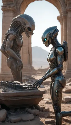 (masterpiece:1.3), (photorealistic:1.4), (cinematic:1.3), ., (Astroarchaeologist studies ancient alien ruins:1.4), kneeling studying in a futuristic suit in front of, (a destroyed alien console:1.5), remains of alien architecture, (engraved obsidian:1.2), .studying the ruins of an alien civilization, (holographic tablet scanning ruins), . Dramatic side lighting, (drift stardust:1.1), hyper-detailed mechanical parts, 8k, (Unreal Engine 5 style:1.2), macro detail, sharp focus.